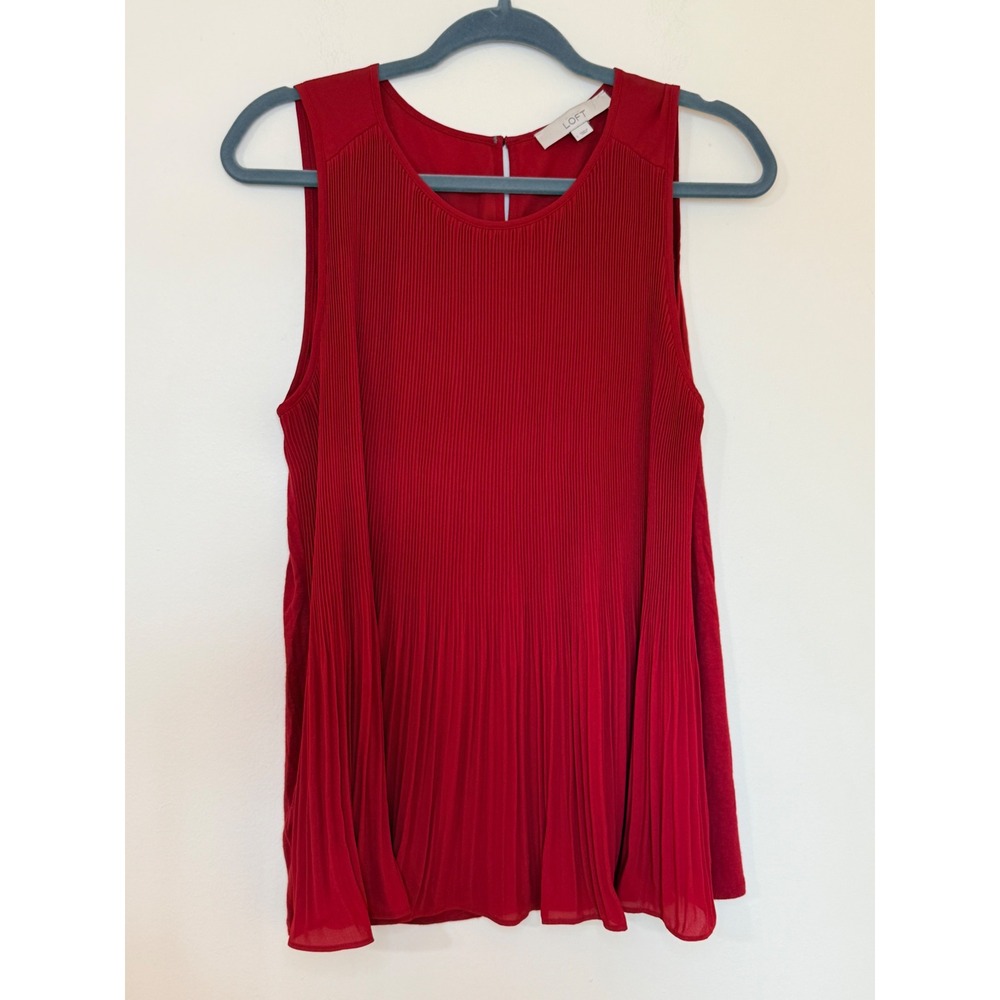 LOFT Red Pleated Front Sleeveless Blouse Mixed Media Tank Top Large